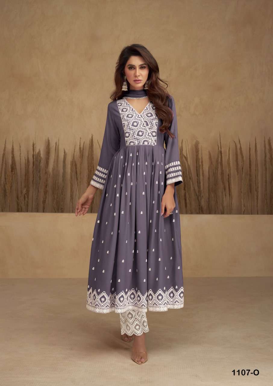 AADHRA VOL 5 LIGHT COLOR PURE RAYON LAKHNAWI WORK NAYRA CUT KURTI WITH COTTON PLAZZO AND DUPATTA BY S3FOREVER BRAND 1107 N